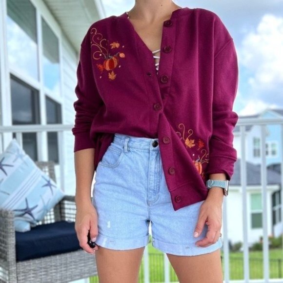 Vintage Sweaters - VTG 90s Speculation NWT Fall Embroidered Burgundy Cardigan Size Petite Large